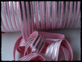 Elastisch band, roze / zilver streep - 16mm.