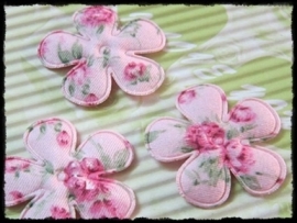 Katoenen bloemetjes, roze met bloemetjes - 4 stuks - 25mm