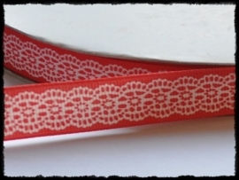 Grosgrain met kantprint, rood - 5 meter - 16mm.