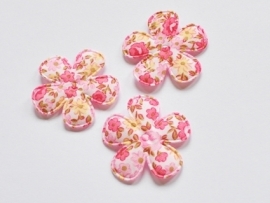 Katoenen bloemetjes, wit met fuchsia roosjes - 4 stuks - 35mm.