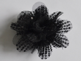 XXL-bloem tule met pailletten, zwart - 9 cm.