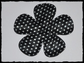 Satijnen bloem, zwart polkadot - 2 stuks - 65mm.