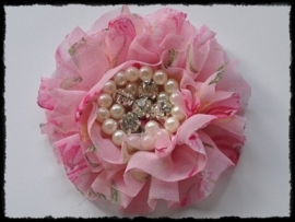 XL-bloem - luxe chiffon met parels en strassteentjes, gebloemd roze - 9 cm.