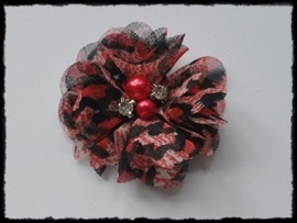 XL-bloem - chiffon met strass en parel, luipaard rood - 5 cm