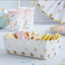 Pick & Mix feestartikelen - Polka Dot snack box goud/ wit (5st)