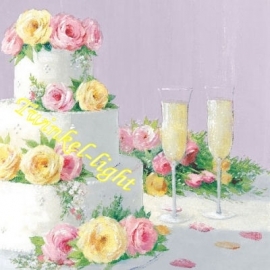 Servetten Bruidstaart met bloemen en champagne