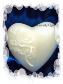 Kaars Hartvorm, wit parelmoer met opdruk witte roos UITVERKOCHT!