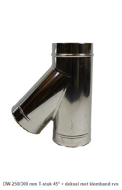 DW-250/300 mm T-stuk 45° + deksel met klemband rvs