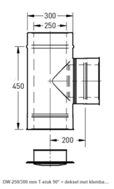 DW-250300 mm T-stuk 90° + deksel met klemband rvs