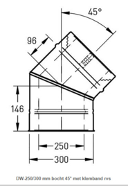 DW-250/300 mm bocht 45° met klemband rvs