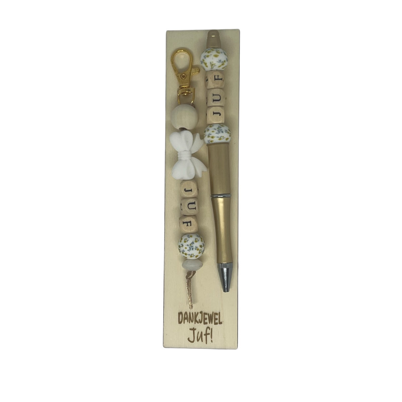 Set sleutelhanger+balpen beige juf