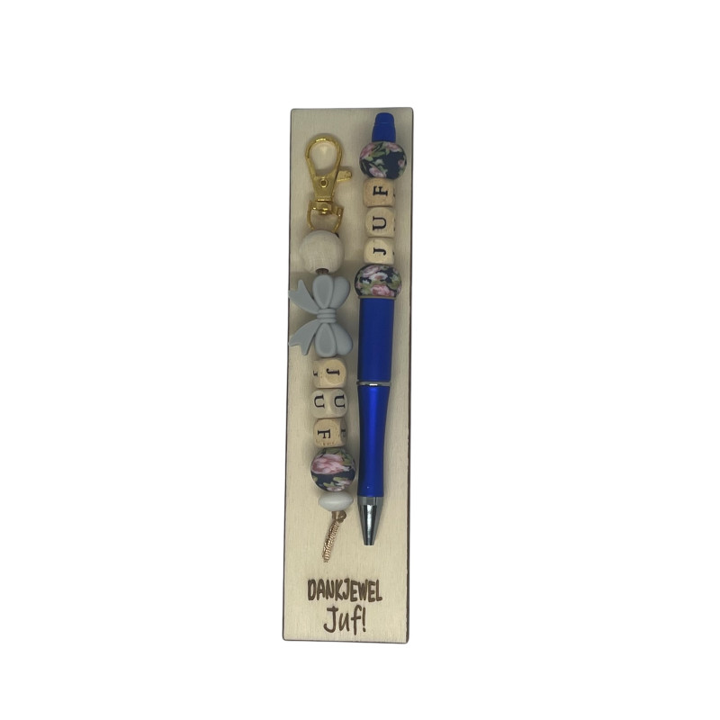 Set sleutelhanger+balpen blauw juf