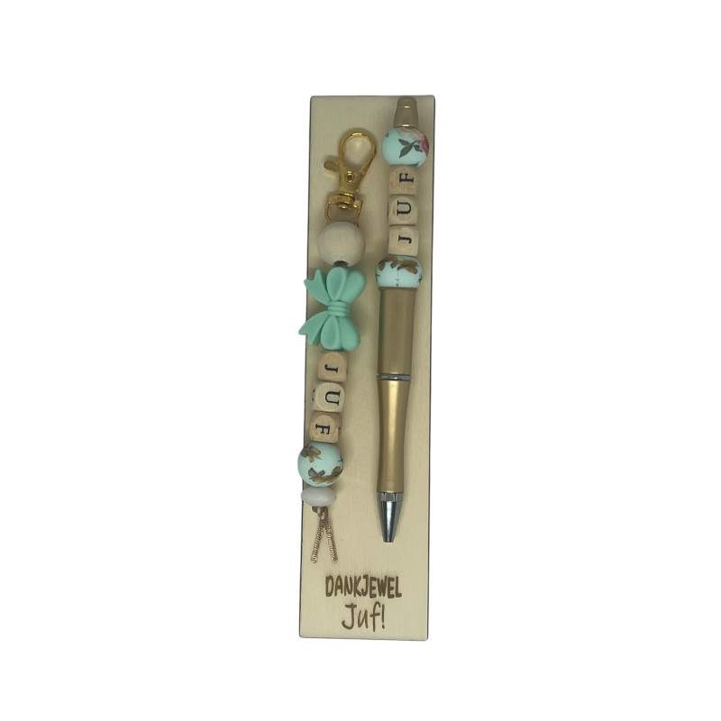 Set sleutelhanger+balpen groen juf