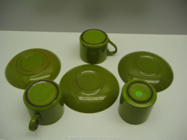 Groene kop en schotels witte binnenkant  / Green cup and saucers white inside