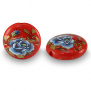 Glaskraal rood blauw bloem 14 mm 2 stuks