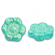 Czech kralen bloem groen turquoise transparant AB-coating