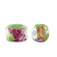 Keramiek kralen wit roze groen 8x5 mm