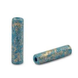 Keramiek kralen blauw ocean gold spotted 20x5 mm tube Grieks DQ