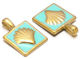 Bedel schelp blauw turquoise vierkant goud RVS