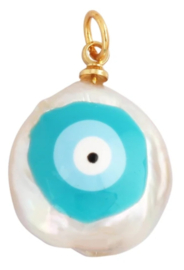 Zoetwaterparel hanger evil eye blauw wit naturel