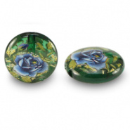 Glaskraal groen transparant blauw bloem 14 mm 2 stuks