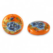 Glaskraal oranje blauw bloem 14 mm 2 stuks