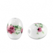 Keramiek kralen wit roze berry 10x8 mm