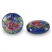 Glaskraal blauw transparant roze bloem 14 mm 2 stuks