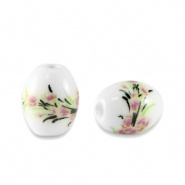 Keramiek kralen wit roze heather 10x8 mm
