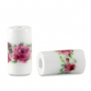 Keramiek kralen wit roze berry 11x6 mm