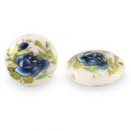 Glaskraal wit blauw bloem 14 mm 2 stuks