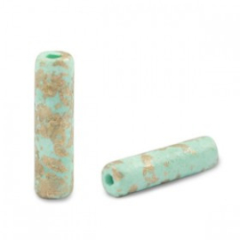 Keramiek kralen blauw turquoise gold spotted 20x5 mm tube Grieks DQ