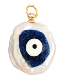 Zoetwaterparel hanger evil eye blauw donker wit naturel