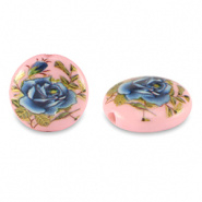 Glaskraal roze blauw bloem 14 mm 2 stuks