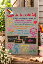 Tekstbord Steigerhout Grijs– Voor de Leukste Juf – 30 x 20 cm