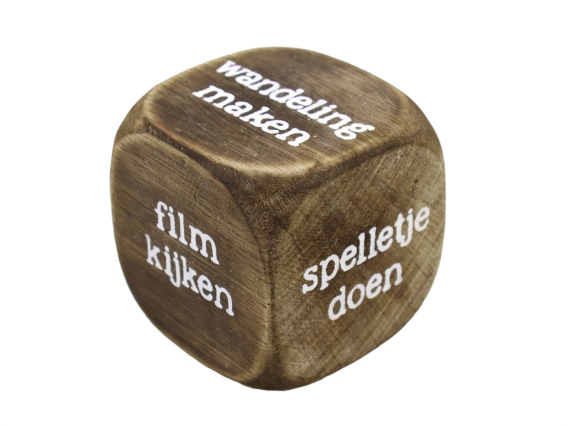 Dobbelsteen hout met tekst: Wat te doen 8x8 cm natural-wit