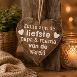 Hart hangend liefste papa en mama van de wereld naturel hout 18x18 cm