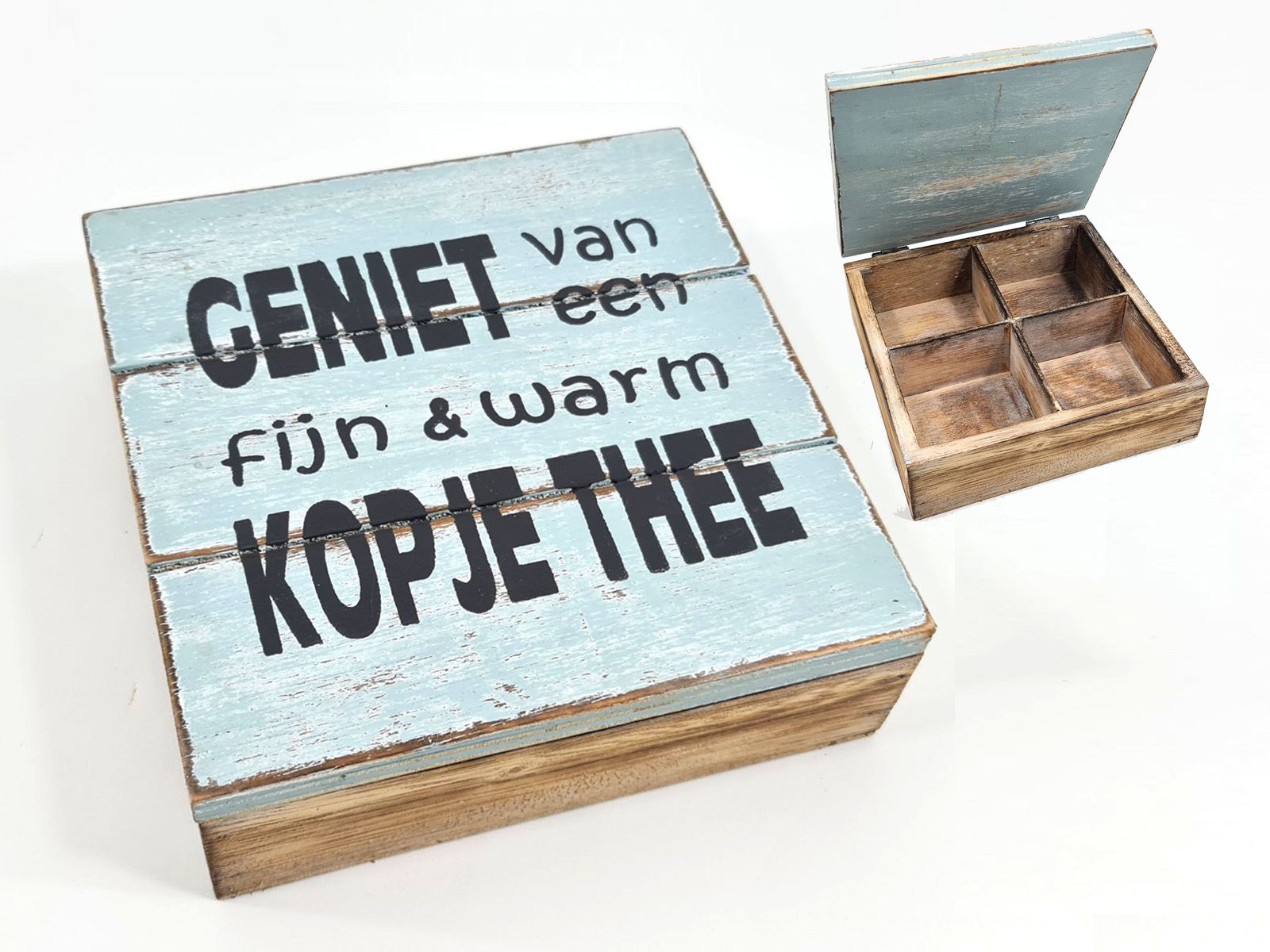 Theedoos hout 4 vaks "Geniet" naturel / blauw:
