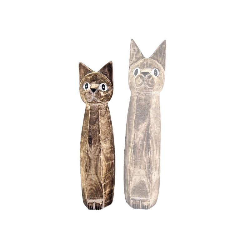 Staande houten kat  naturel decoratiebeeld 36 cm hoog