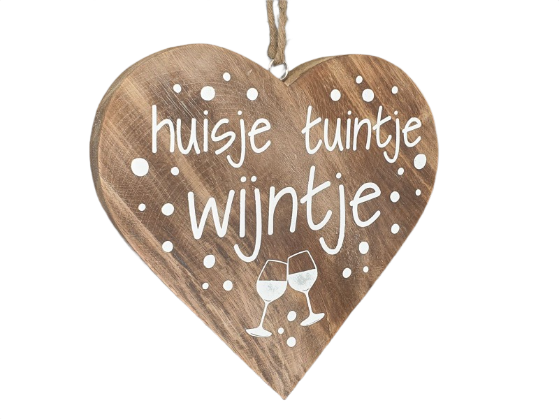 Teksthart hout XL met de tekst “huisje, tuintje, wijntje”