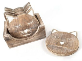 Onderzetters kat hout set van 6 stuks in houten bakje