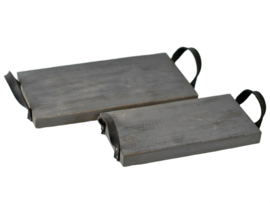 Houten dienblad met leren handgrepen 36x19 cm antique grey