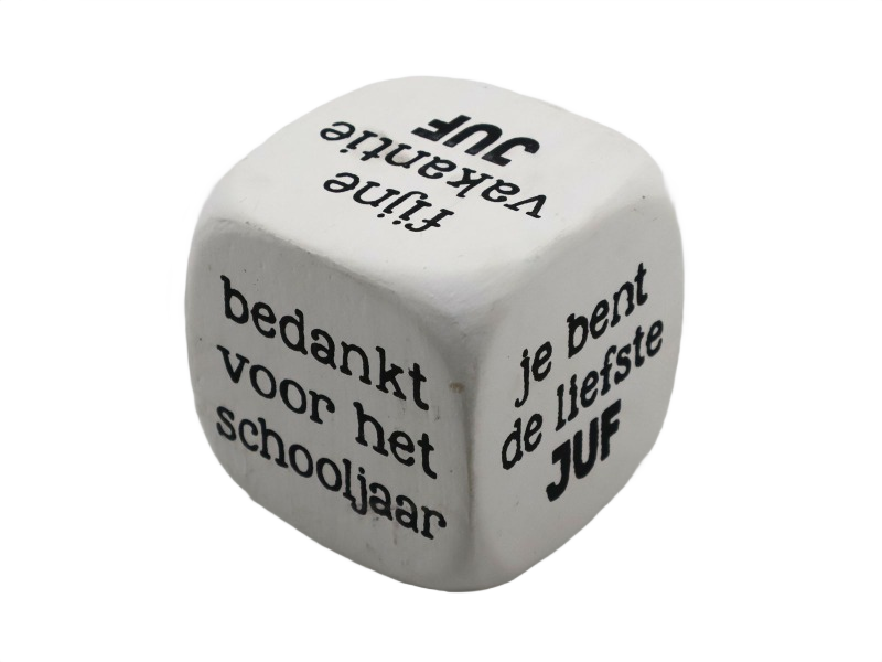 Dobbelsteen hout  met tekst: Juf  8x8 cm Antique wit