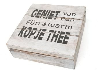 Theedoos 4 vaks met tekst 'Geniet' old white – zwart
