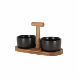 Serveerset met 2 zwarte schaaltjes en acaciahout plank Bits & Bites - Jens Living