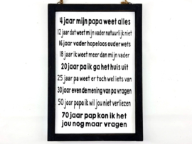 Houten tekstbord - tekstlijst ‘Mijn papa weet alles’ zwart wit  ( 30 x 20 cm )