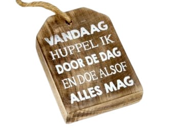 Houten Huisje hanger met tekst  Vandaag huppel ik door de dag ...