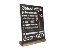 Tekstbord in standaard Bedenk altijd -zwart/naturel 30x21cm