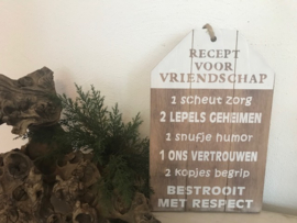 Dienblad/label 30x19cm naturel "recept vriendschap"