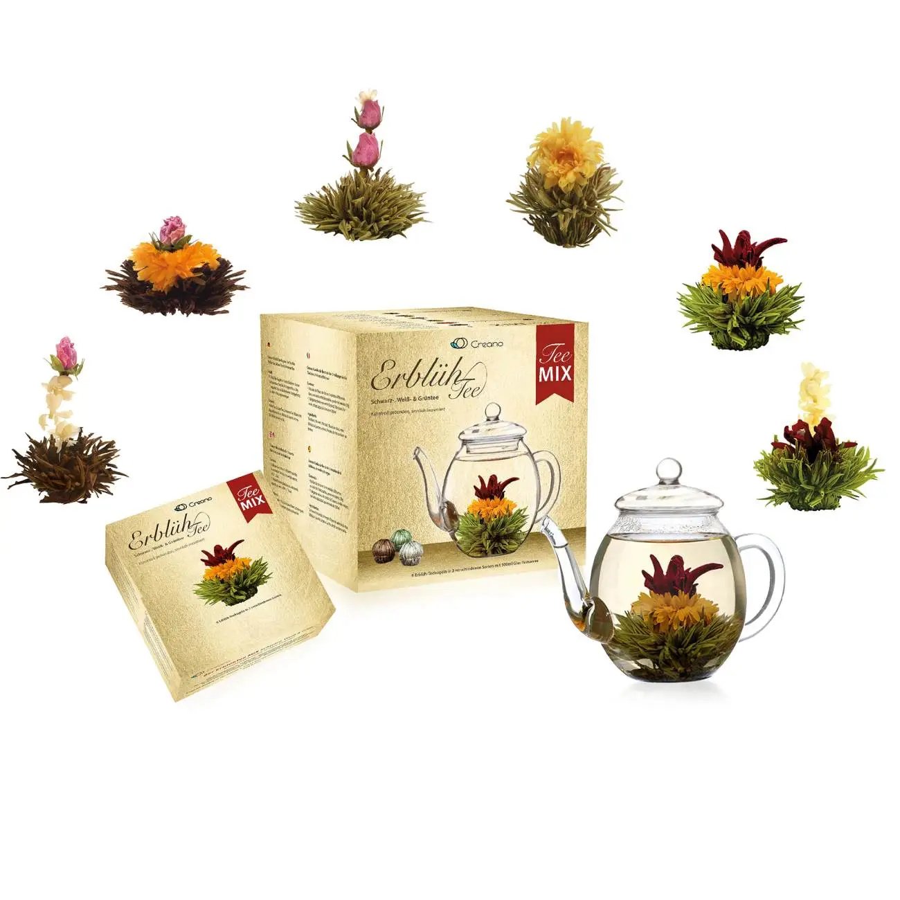 Bloeiende theebloemen + glazen theepot – compleet theeritueel in één set